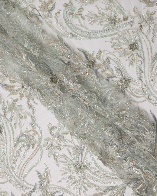 Ivory Multi-Tone Floral & Vine Sequin Embroidered Nylon Tulle Fabric, 140 cm Width, Made in China-D26631