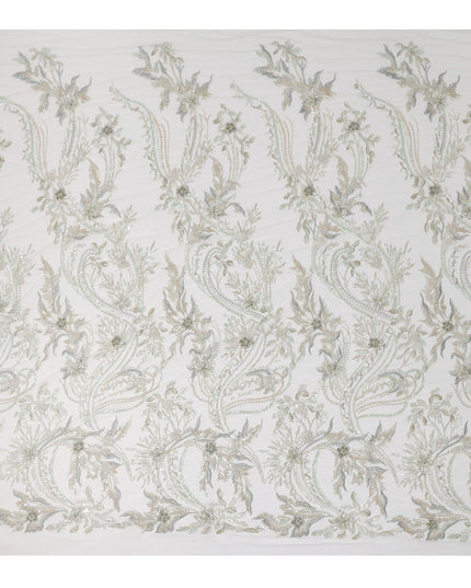 Ivory Multi-Tone Floral & Vine Sequin Embroidered Nylon Tulle Fabric, 140 cm Width, Made in China-D26631