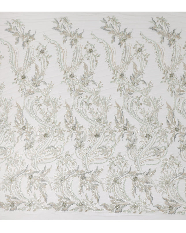 Ivory Multi-Tone Floral & Vine Sequin Embroidered Nylon Tulle Fabric, 140 cm Width, Made in China-D26631