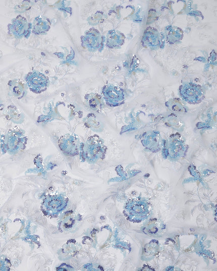 Blue Multi-Tone Floral Sequin & Thread Embroidered Nylon Tulle Fabric, 140 cm Width, Made in China-D26634