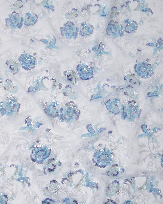 Blue Multi-Tone Floral Sequin & Thread Embroidered Nylon Tulle Fabric, 140 cm Width, Made in China-D26634