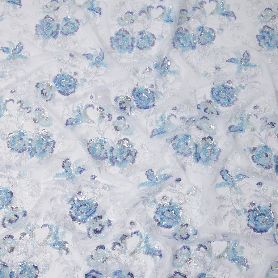 Blue Multi-Tone Floral Sequin & Thread Embroidered Nylon Tulle Fabric, 140 cm Width, Made in China-D26634