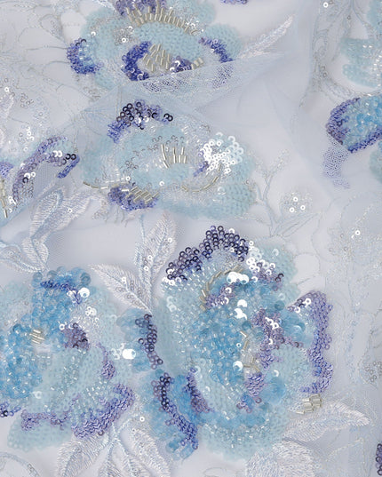 Blue Multi-Tone Floral Sequin & Thread Embroidered Nylon Tulle Fabric, 140 cm Width, Made in China-D26634