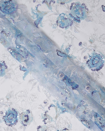 Blue Multi-Tone Floral Sequin & Thread Embroidered Nylon Tulle Fabric, 140 cm Width, Made in China-D26634