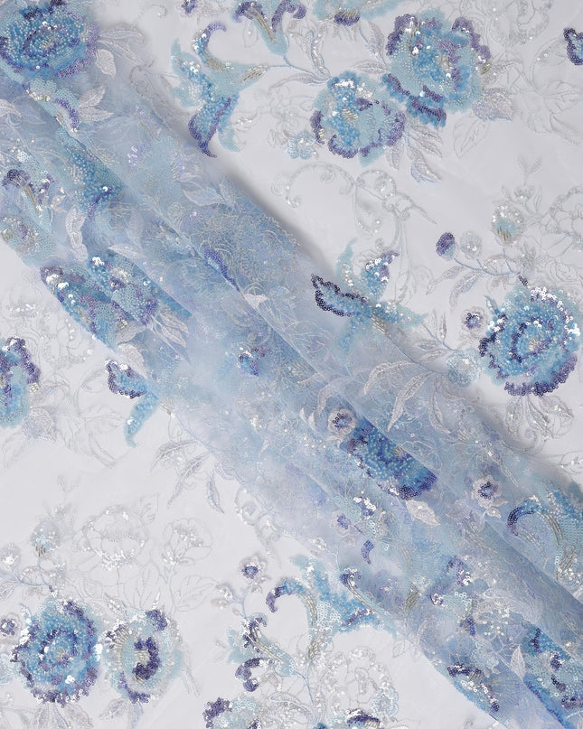 Blue Multi-Tone Floral Sequin & Thread Embroidered Nylon Tulle Fabric, 140 cm Width, Made in China-D26634