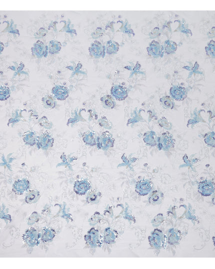 Blue Multi-Tone Floral Sequin & Thread Embroidered Nylon Tulle Fabric, 140 cm Width, Made in China-D26634
