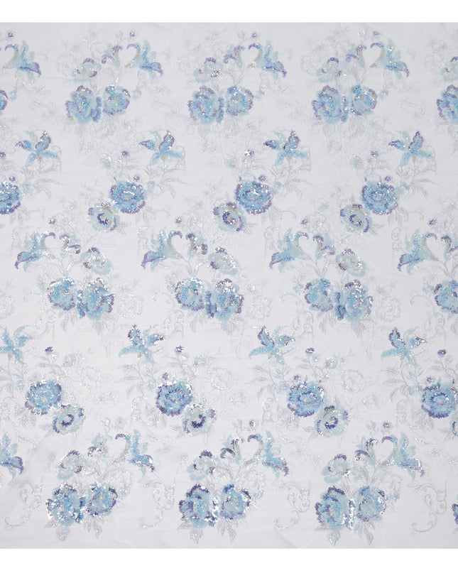 Blue Multi-Tone Floral Sequin & Thread Embroidered Nylon Tulle Fabric, 140 cm Width, Made in China-D26634