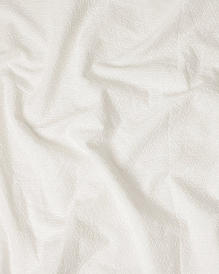 White Floral Geometric Embroidery Blended Cotton Fabric Soft Breathable Textured Embroidered Cotton Blend Cloth for Apparel Sewing Craft Dressmaking Material 150 Cms Width Premium Quality China Origin Fabric-D28489