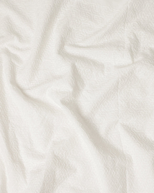 White Floral Geometric Embroidery Blended Cotton Fabric Soft Breathable Textured Embroidered Cotton Blend Cloth for Apparel Sewing Craft Dressmaking Material 150 Cms Width Premium Quality China Origin Fabric-D28489