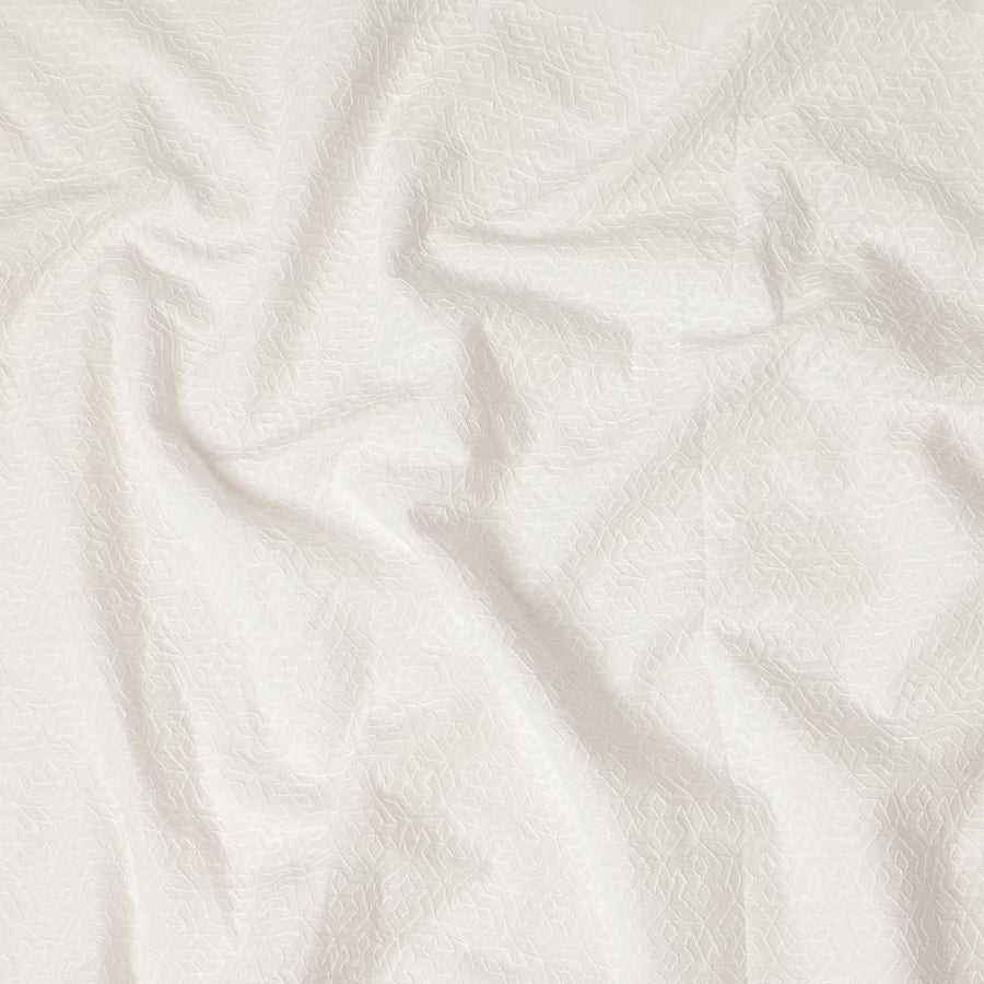 White Floral Geometric Embroidery Blended Cotton Fabric Soft Breathable Textured Embroidered Cotton Blend Cloth for Apparel Sewing Craft Dressmaking Material 150 Cms Width Premium Quality China Origin Fabric-D28489