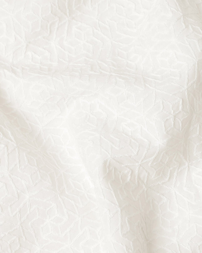 White Floral Geometric Embroidery Blended Cotton Fabric Soft Breathable Textured Embroidered Cotton Blend Cloth for Apparel Sewing Craft Dressmaking Material 150 Cms Width Premium Quality China Origin Fabric-D28489