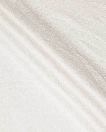 White Floral Geometric Embroidery Blended Cotton Fabric Soft Breathable Textured Embroidered Cotton Blend Cloth for Apparel Sewing Craft Dressmaking Material 150 Cms Width Premium Quality China Origin Fabric-D28489