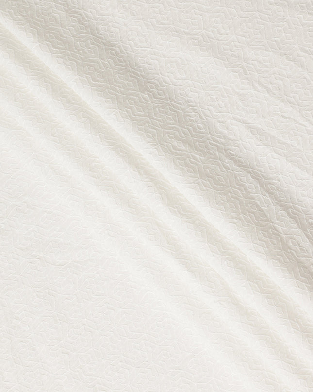 White Floral Geometric Embroidery Blended Cotton Fabric Soft Breathable Textured Embroidered Cotton Blend Cloth for Apparel Sewing Craft Dressmaking Material 150 Cms Width Premium Quality China Origin Fabric-D28489