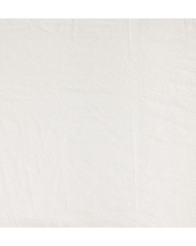 White Floral Geometric Embroidery Blended Cotton Fabric Soft Breathable Textured Embroidered Cotton Blend Cloth for Apparel Sewing Craft Dressmaking Material 150 Cms Width Premium Quality China Origin Fabric-D28489