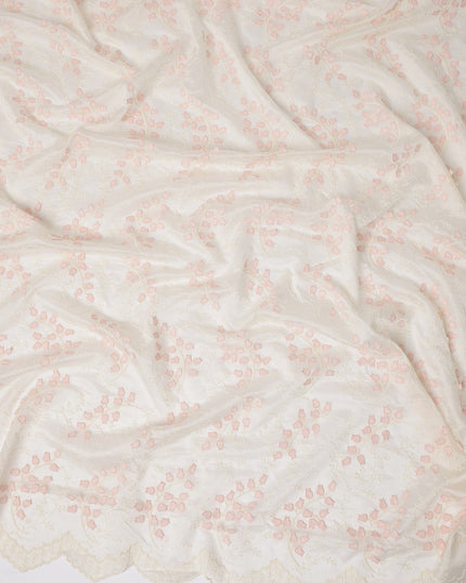 Ivory and Blush Pink Floral Embroidered Scalloped-Edge Synthetic Organza Fabric, 110 cm Width, Made in India-D26654