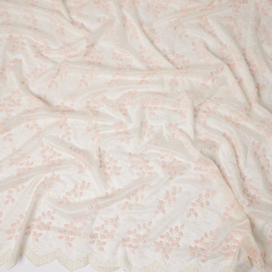 Ivory and Blush Pink Floral Embroidered Scalloped-Edge Synthetic Organza Fabric, 110 cm Width, Made in India-D26654