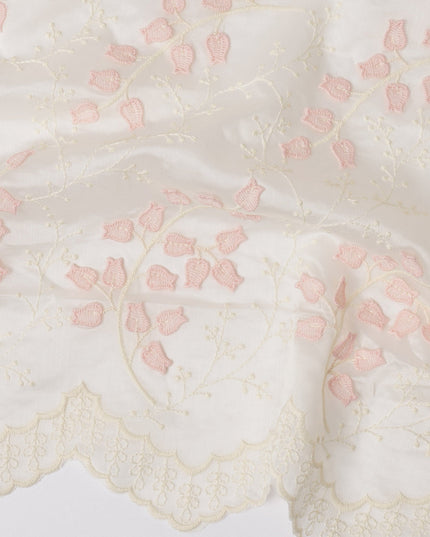 Ivory and Blush Pink Floral Embroidered Scalloped-Edge Synthetic Organza Fabric, 110 cm Width, Made in India-D26654