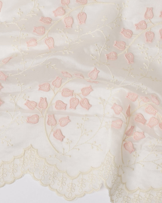 Ivory and Blush Pink Floral Embroidered Scalloped-Edge Synthetic Organza Fabric, 110 cm Width, Made in India-D26654