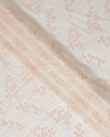 Ivory and Blush Pink Floral Embroidered Scalloped-Edge Synthetic Organza Fabric, 110 cm Width, Made in India-D26654