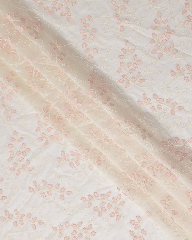 Ivory and Blush Pink Floral Embroidered Scalloped-Edge Synthetic Organza Fabric, 110 cm Width, Made in India-D26654