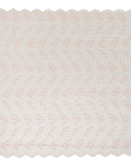 Ivory and Blush Pink Floral Embroidered Scalloped-Edge Synthetic Organza Fabric, 110 cm Width, Made in India-D26654