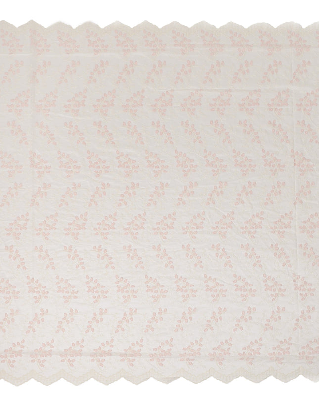 Ivory and Blush Pink Floral Embroidered Scalloped-Edge Synthetic Organza Fabric, 110 cm Width, Made in India-D26654