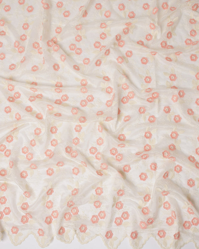Ivory Floral Embroidered Scalloped-Edge Synthetic Organza Fabric, 110 cm Width, Made in India-D26650