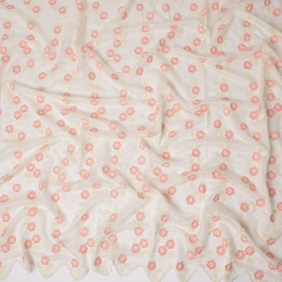 Ivory Floral Embroidered Scalloped-Edge Synthetic Organza Fabric, 110 cm Width, Made in India-D26650