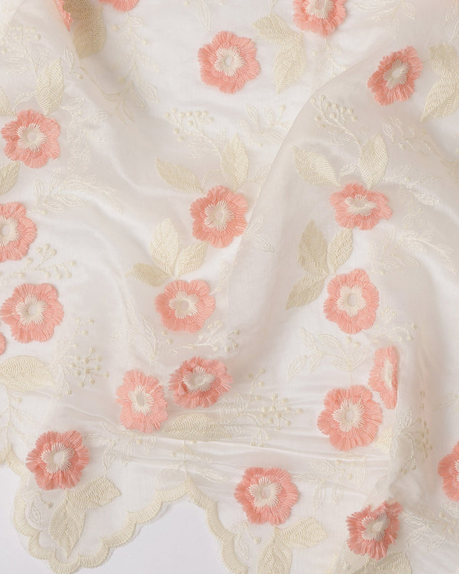 Ivory Floral Embroidered Scalloped-Edge Synthetic Organza Fabric, 110 cm Width, Made in India-D26650