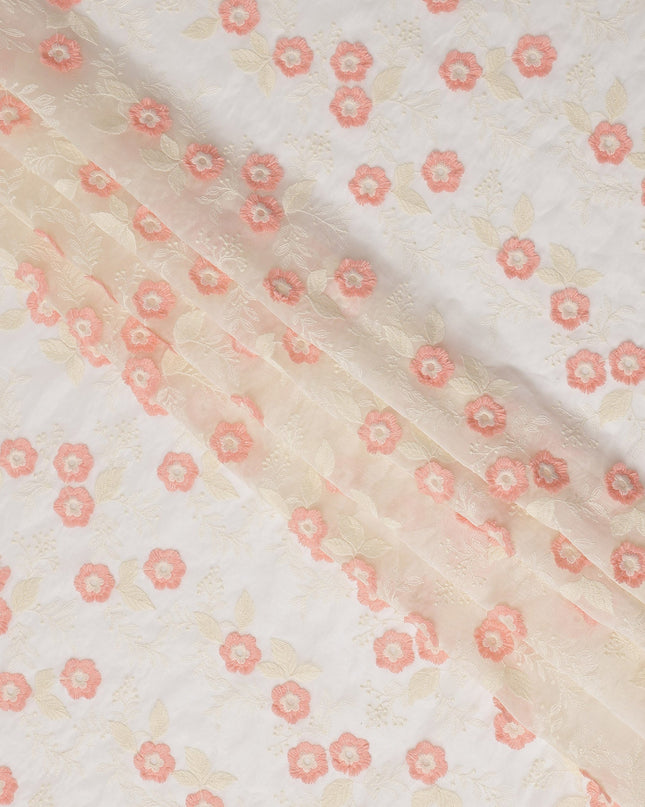 Ivory Floral Embroidered Scalloped-Edge Synthetic Organza Fabric, 110 cm Width, Made in India-D26650
