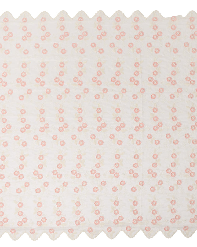 Ivory Floral Embroidered Scalloped-Edge Synthetic Organza Fabric, 110 cm Width, Made in India-D26650