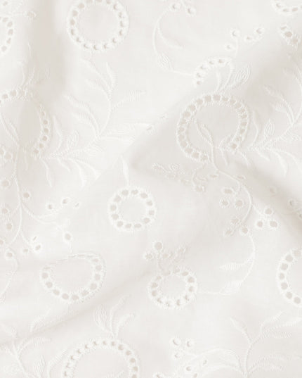 White Paisley Floral Eyelet Embroidery Blended Cotton Fabric Soft Breathable Textured Embroidered Cotton Blend Fabric for Dresses Kurtis Tops Sewing Material 150 Cms Width China Origin-D28491