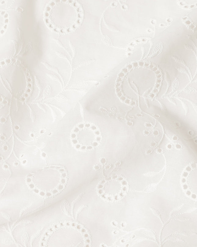 White Paisley Floral Eyelet Embroidery Blended Cotton Fabric Soft Breathable Textured Embroidered Cotton Blend Fabric for Dresses Kurtis Tops Sewing Material 150 Cms Width China Origin-D28491