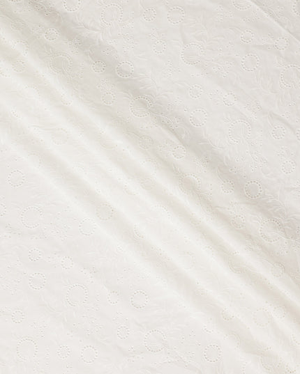 White Paisley Floral Eyelet Embroidery Blended Cotton Fabric Soft Breathable Textured Embroidered Cotton Blend Fabric for Dresses Kurtis Tops Sewing Material 150 Cms Width China Origin-D28491