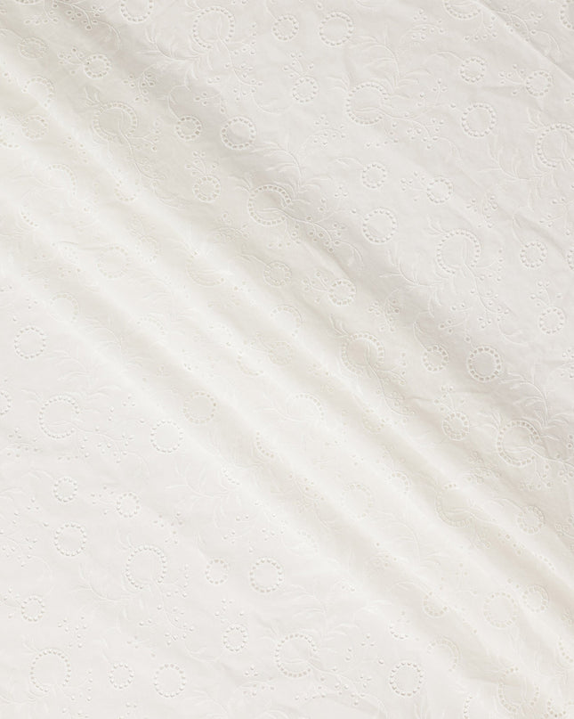 White Paisley Floral Eyelet Embroidery Blended Cotton Fabric Soft Breathable Textured Embroidered Cotton Blend Fabric for Dresses Kurtis Tops Sewing Material 150 Cms Width China Origin-D28491