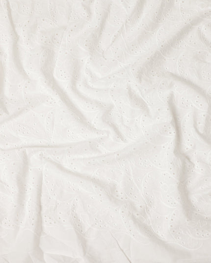 White Floral Eyelet Embroidery Blended Cotton Fabric Soft Breathable Textured Embroidered Cotton Blend Fabric for Dresses Tops Kurtis Sewing Craft Material 150 Cms Width China Origin-D28490