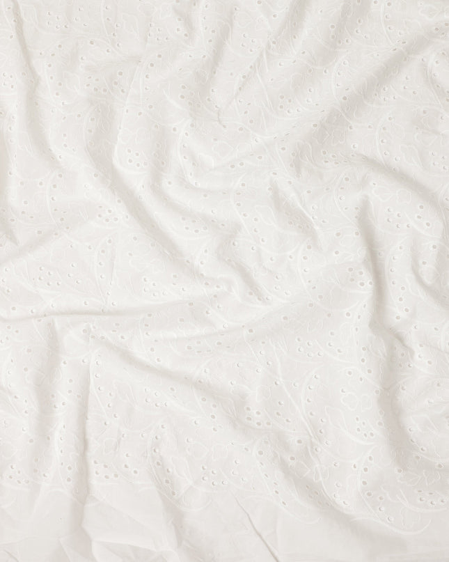 White Floral Eyelet Embroidery Blended Cotton Fabric Soft Breathable Textured Embroidered Cotton Blend Fabric for Dresses Tops Kurtis Sewing Craft Material 150 Cms Width China Origin-D28490