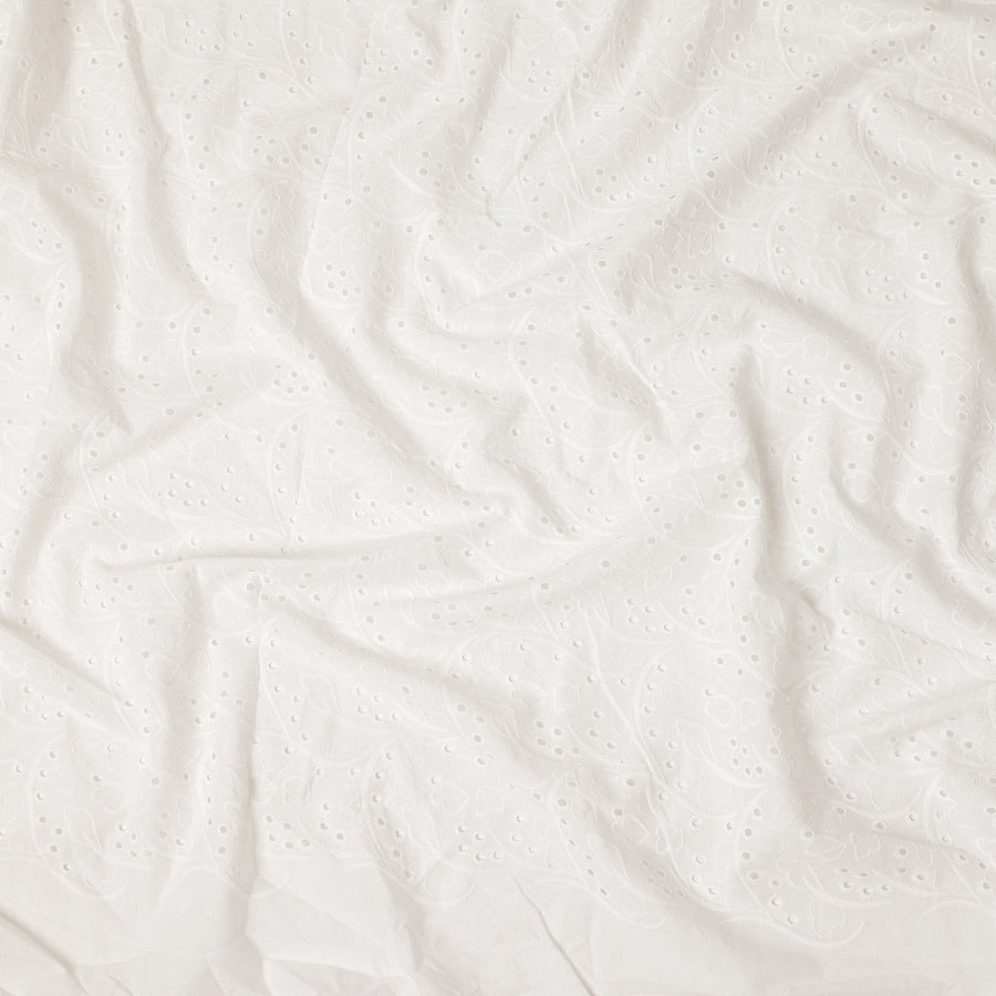 White Floral Eyelet Embroidery Blended Cotton Fabric Soft Breathable Textured Embroidered Cotton Blend Fabric for Dresses Tops Kurtis Sewing Craft Material 150 Cms Width China Origin-D28490