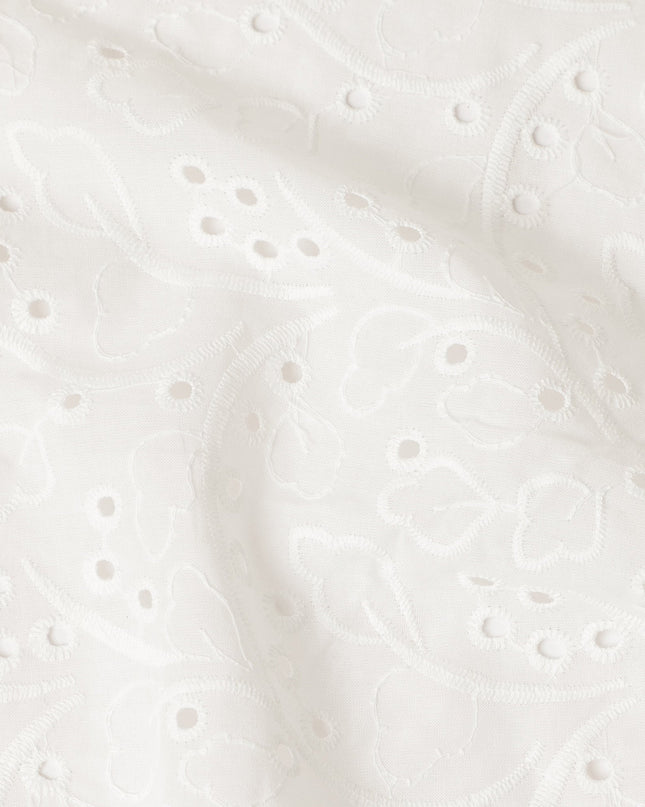 White Floral Eyelet Embroidery Blended Cotton Fabric Soft Breathable Textured Embroidered Cotton Blend Fabric for Dresses Tops Kurtis Sewing Craft Material 150 Cms Width China Origin-D28490