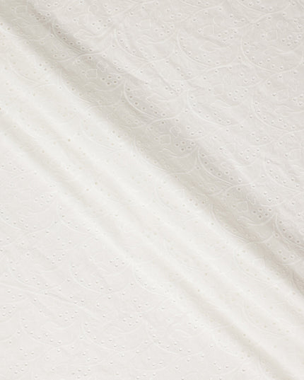 White Floral Eyelet Embroidery Blended Cotton Fabric Soft Breathable Textured Embroidered Cotton Blend Fabric for Dresses Tops Kurtis Sewing Craft Material 150 Cms Width China Origin-D28490