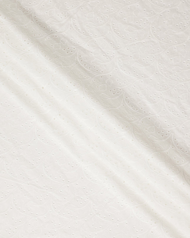 White Floral Eyelet Embroidery Blended Cotton Fabric Soft Breathable Textured Embroidered Cotton Blend Fabric for Dresses Tops Kurtis Sewing Craft Material 150 Cms Width China Origin-D28490