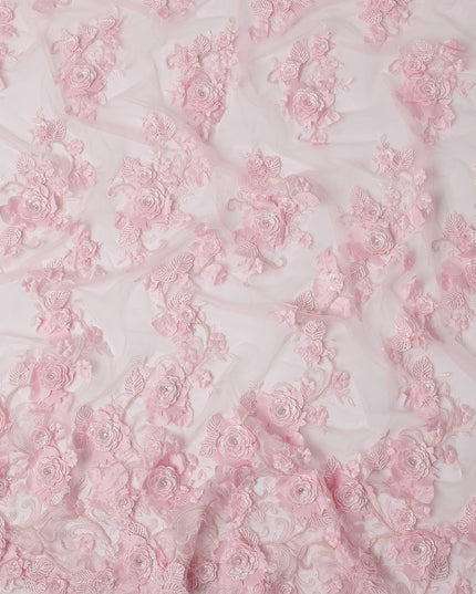 Baby Pink 3D Floral Appliqué & Sequin Embroidered Nylon Tulle Fabric, 140 cm Width, Made in China-D26630