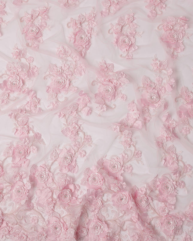 Baby Pink 3D Floral Appliqué & Sequin Embroidered Nylon Tulle Fabric, 140 cm Width, Made in China-D26630