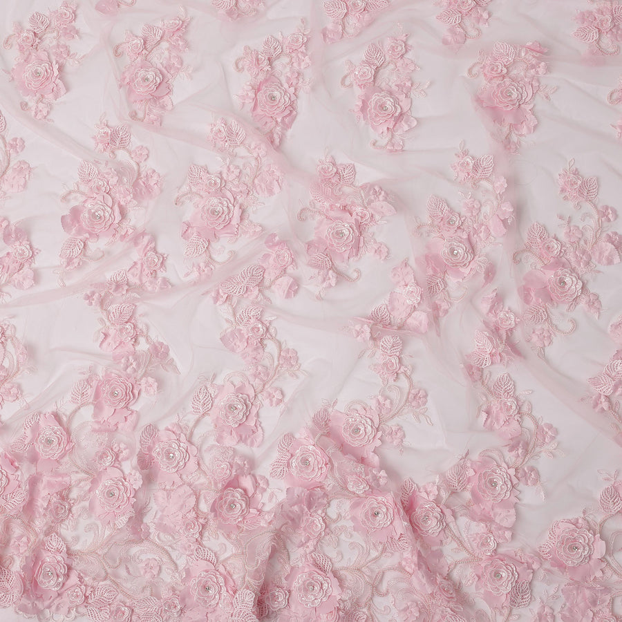 Baby Pink 3D Floral Appliqué & Sequin Embroidered Nylon Tulle Fabric, 140 cm Width, Made in China-D26630