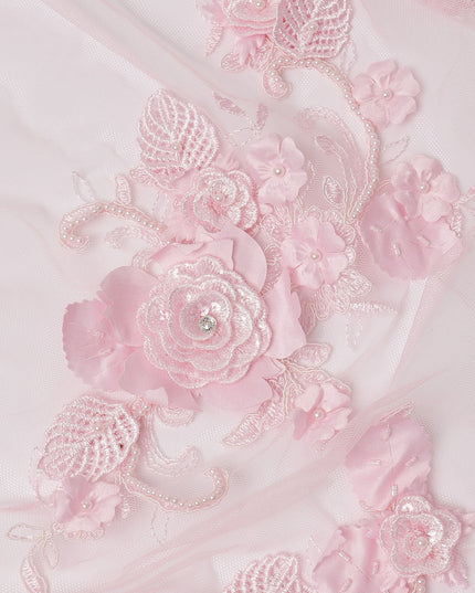 Baby Pink 3D Floral Appliqué & Sequin Embroidered Nylon Tulle Fabric, 140 cm Width, Made in China-D26630