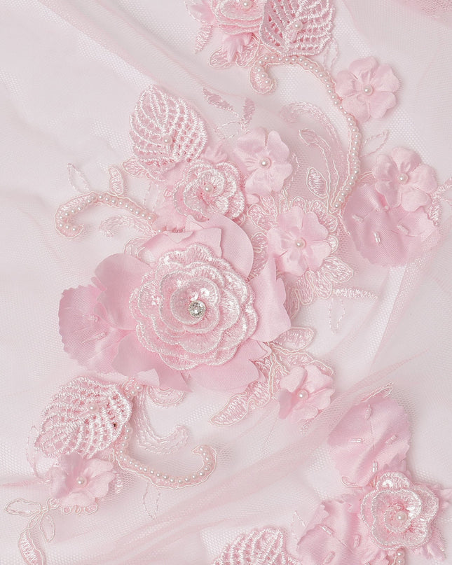 Baby Pink 3D Floral Appliqué & Sequin Embroidered Nylon Tulle Fabric, 140 cm Width, Made in China-D26630