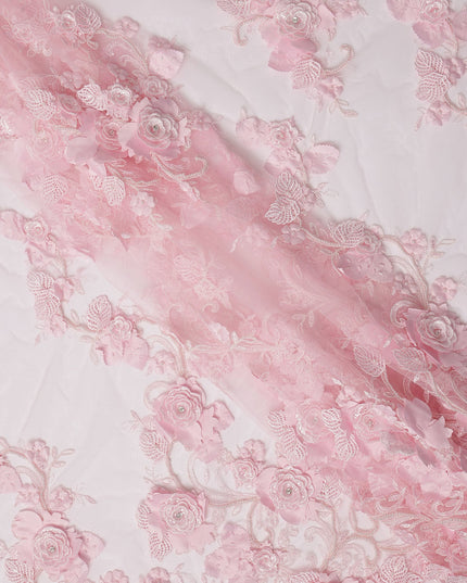 Baby Pink 3D Floral Appliqué & Sequin Embroidered Nylon Tulle Fabric, 140 cm Width, Made in China-D26630