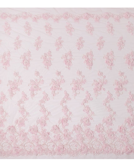 Baby Pink 3D Floral Appliqué & Sequin Embroidered Nylon Tulle Fabric, 140 cm Width, Made in China-D26630