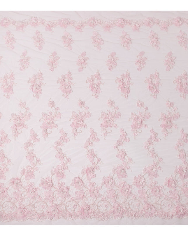 Baby Pink 3D Floral Appliqué & Sequin Embroidered Nylon Tulle Fabric, 140 cm Width, Made in China-D26630