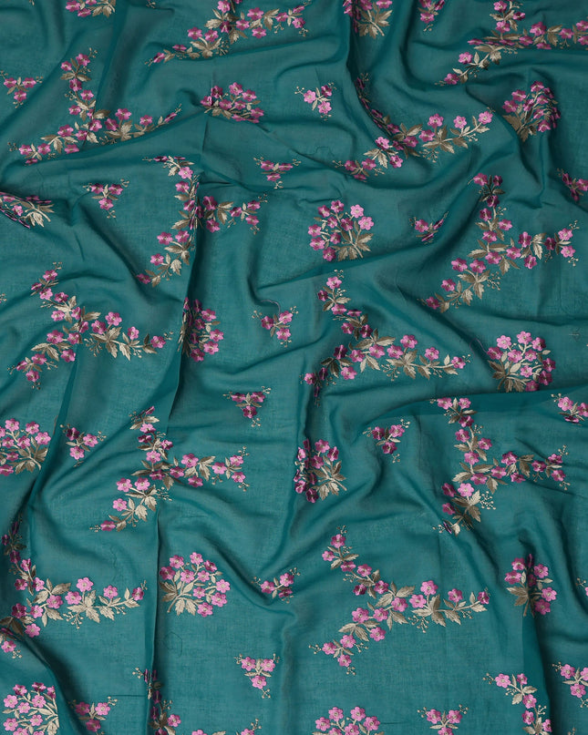 Teal Green Traditional Sudanese Thobe Fabric Pure Cotton Voile 4.5 Meters Piece Width 140 Cms Soft Breathable Ethnic Wear Material with Elegant Floral Motifs Made in India-D27605